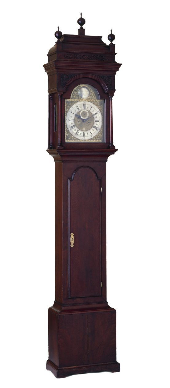 Nyolcnapos óra, kb. 1730-1740 (fekete dió; déli sárga fenyő, keleti fehér fenyő és atlanti fehér cédrus) alkotó: Peter and Head John Stretch