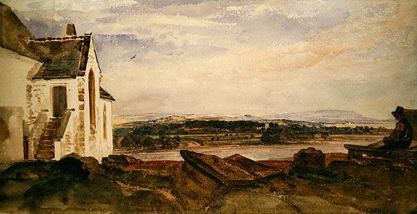 A folyóparti templomkertben ülő alak (akvarell papíron) alkotó: Peter de Wint