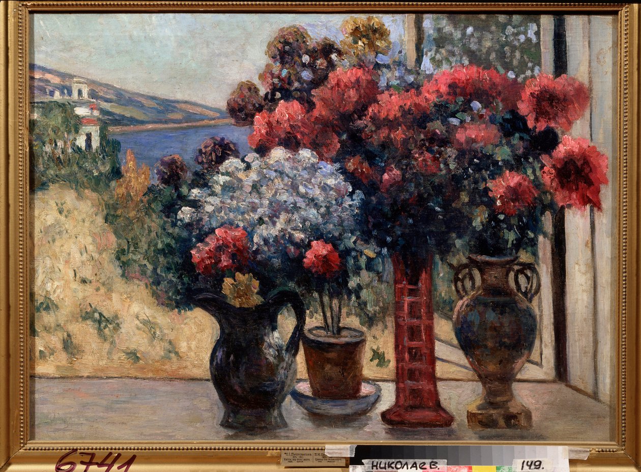 Virágok a tenger ellen Pjotr ​​Ivanovics Petrovicsov (Pjotr ​​Petrovicsov) festménye (1874-1947), olaj, vászon alkotó: Petr Ivanovic Petrovichev