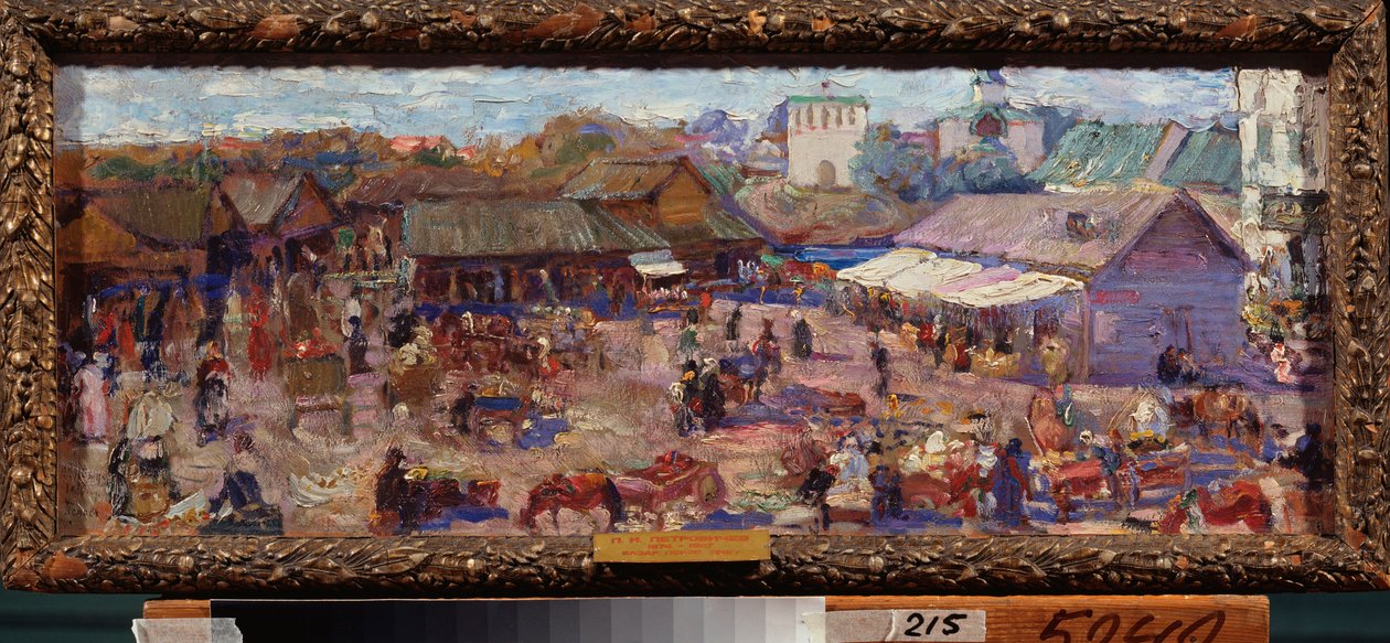 Piac Pszkovban (Oroszország). Pjotr ​​Ivanovics Petrovicsov (Pjotr ​​Petrovicsev) (1874-1947) munkája, olaj, karton alkotó: Petr Ivanovic Petrovichev