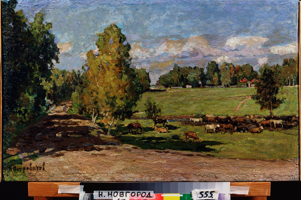 Pihenjen a réten. (Marhacsorda patak mellett, legelőn átkelve). Pjotr ​​Ivanovics Petrovicsov (Pjotr ​​Petrovicsev) (1874-1947) munkája, olaj, karton alkotó: Petr Ivanovic Petrovichev