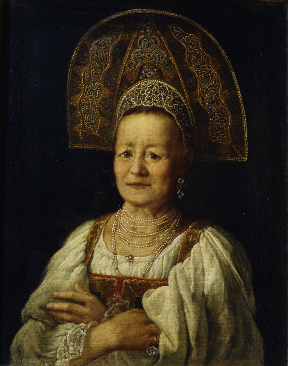 Egy kereskedő nő portréja Kokoshnikban, 1796 alkotó: Petro Semyonovich Drozhdin