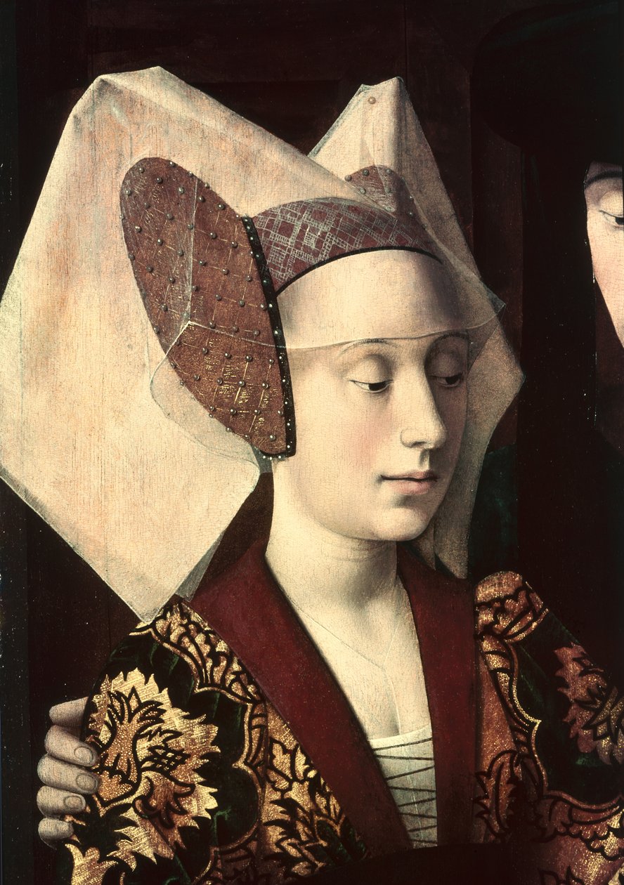 Szent Eligius (kb.588-660) ötvösként, aki gyűrűt mutat a jegyespárnak, a menyasszony részlete, 1449 alkotó: Petrus Christus