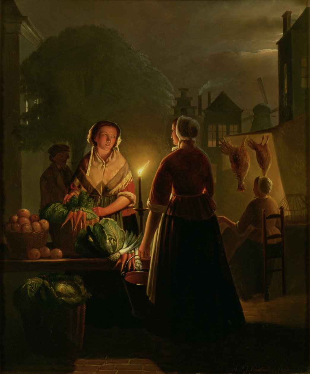Zöldségpiac gyertyafénynél alkotó: Petrus van Schendel