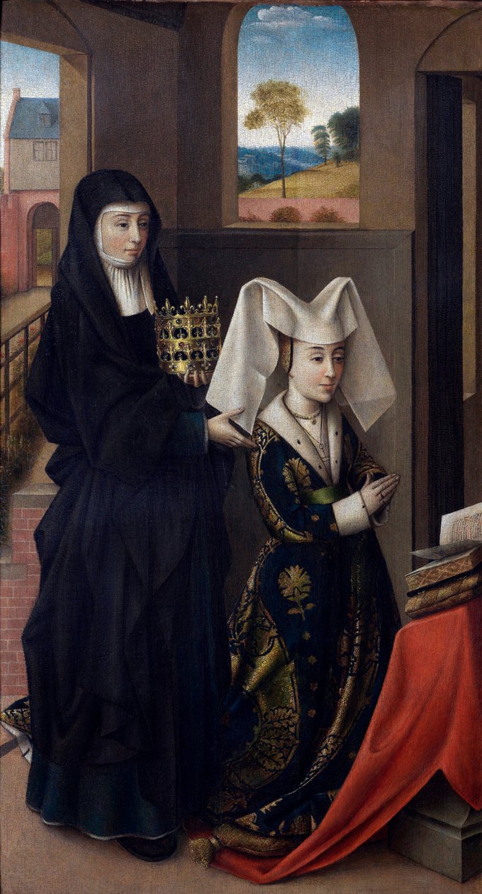 ""Portugál Izabella (1397-1471) portréja Szent Erzsébettel ábrázolva" (Portugáli Izabella Szent Erzsébettel) Petrus Christus festménye (1410/20-1475/76) - 1457-1460 - Olaj, fa Méret 59x33 cm Groeningemuseum, Brugge alkotó: Petrus Christus