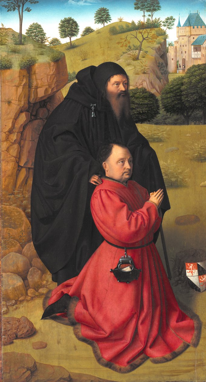 Oltártábla egy adományozó arcképével skarlát színben, Szent Antal oltalma alatt alkotó: Petrus I Christus