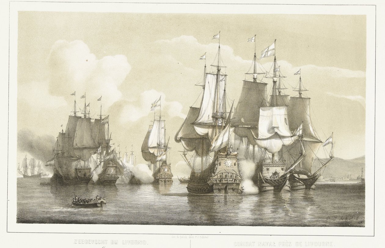 Livornói tengeri csata, 1653 Tengerészeti csata Livornóban. 1653. március 14. / Combat naval près de Livourne. 1653. március 14. (cím a tárgyon) alkotó: Petrus Johannes Schotel