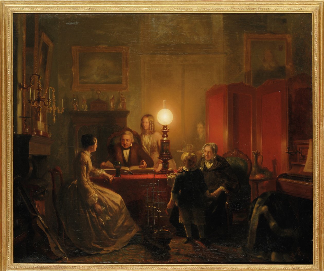 Egy család gyűlt össze egy lámpafényes asztal körül, 1854 alkotó: Petrus Kiers