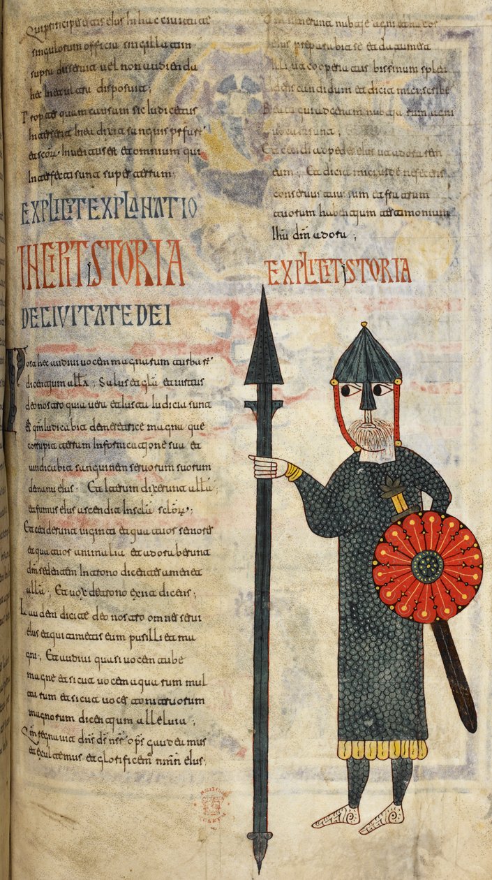 Egy vizigót katona térdig érő lánczsinórban és leggingsben, illusztráció a „Liébana Beatus”-ból alkotó: Petrus Petrus