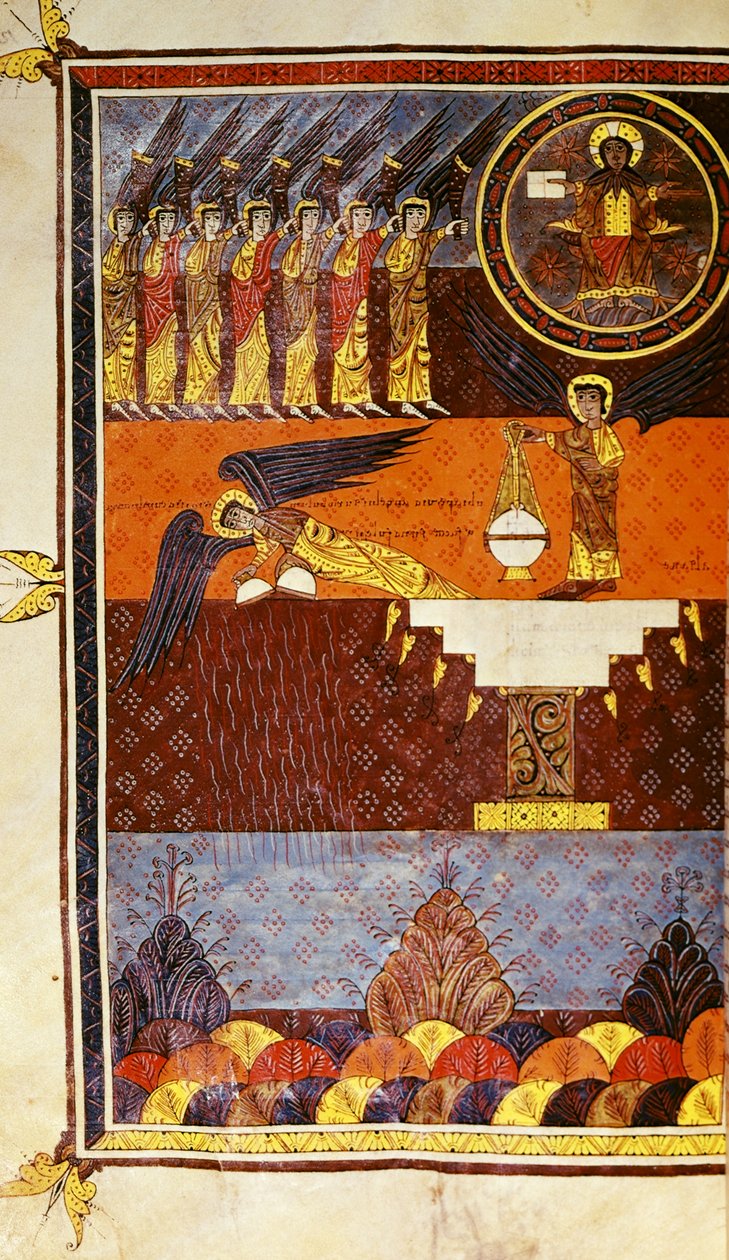 f.126 Hét angyal trombitákkal, a Beatus Apokalipszisből Santo Domingo de Silosból alkotó: Petrus Petrus