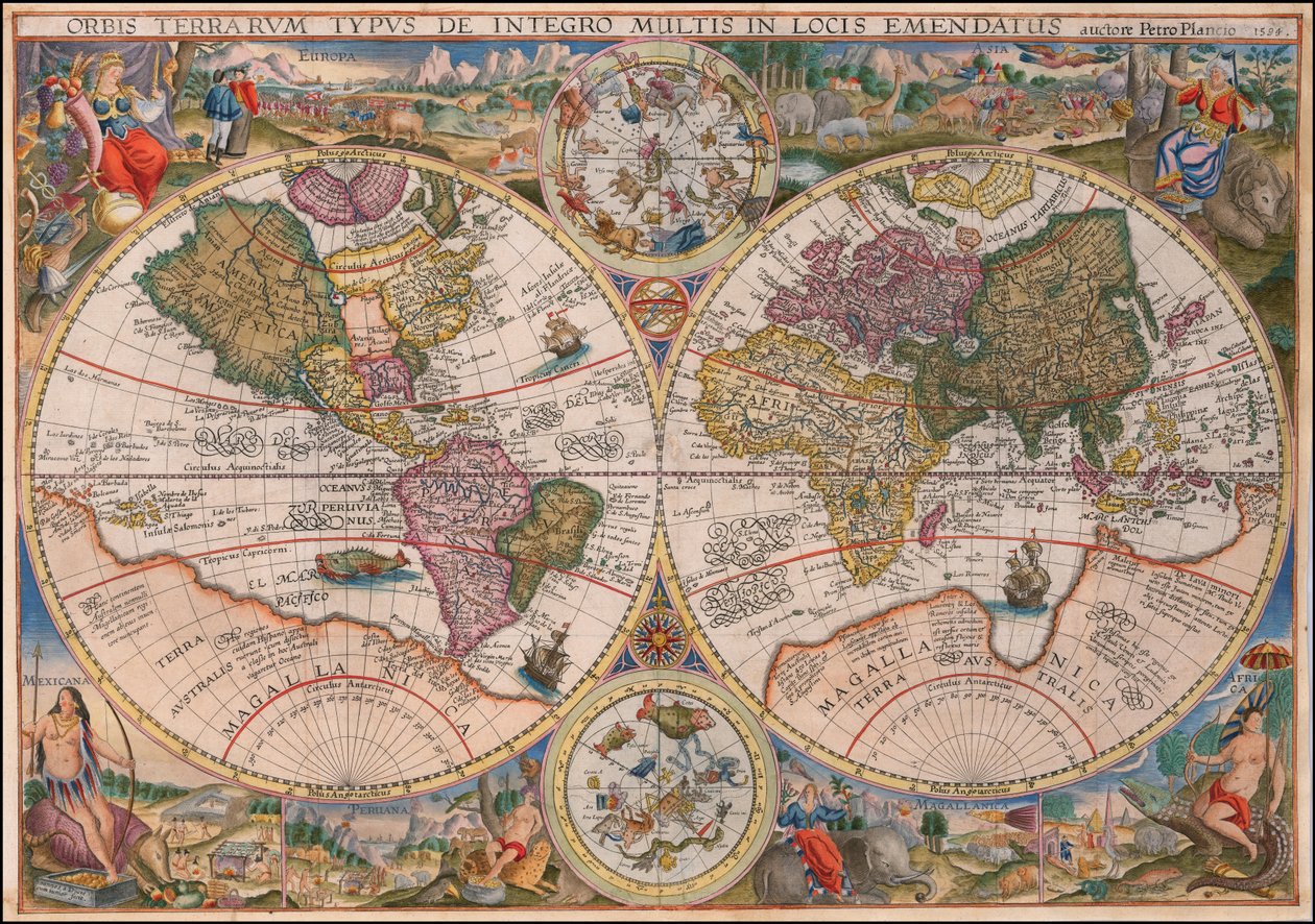Petrus Plancius 1594-es kettős félgömb világtérképe alkotó: Petrus Plancius