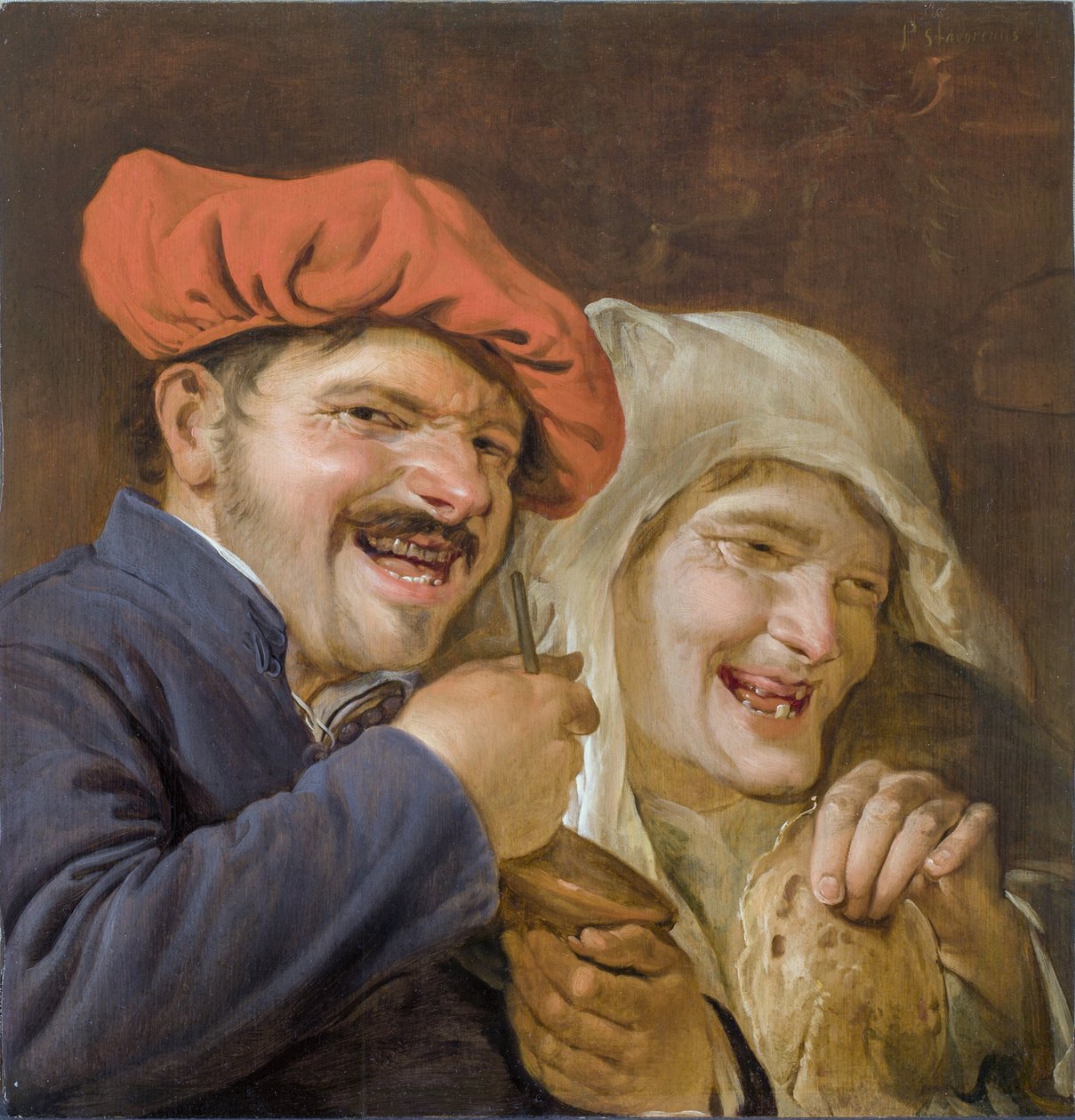 Rommelpot Player (Friction Drum) - Rommelpot Player, Staverenus, Petrus (aktív 1634-1654). olaj a fára alkotó: Petrus Staverenus