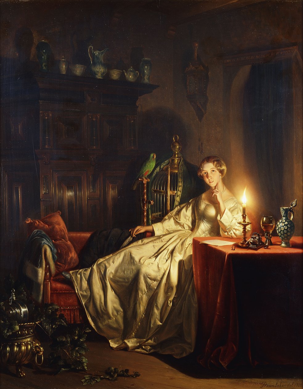 Gyertyafényes belső tér egy asztalnál ülő hölggyel, 1865 alkotó: Petrus van Schendel