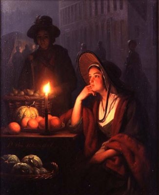 Market Stall at Night (olaj a panelen) alkotó: Petrus van Schendel