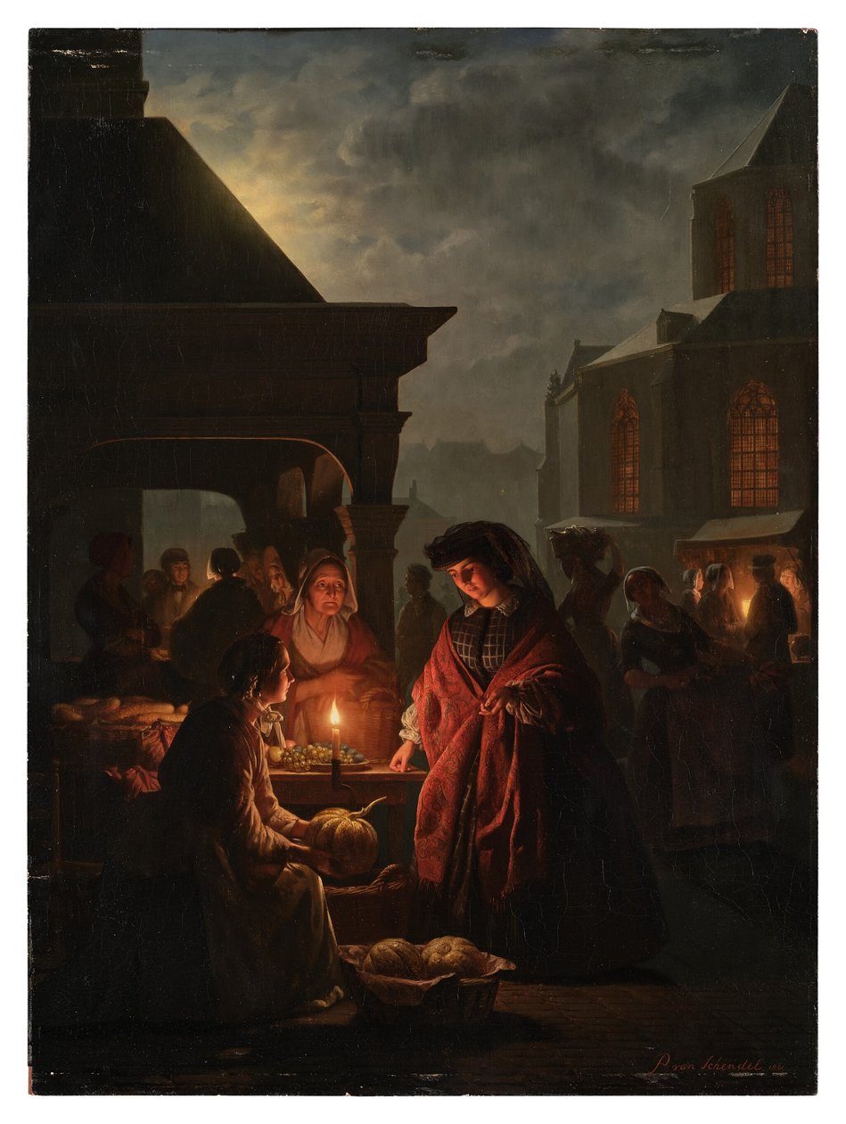 A hágai Groenmarkt éjszaka alkotó: Petrus van Schendel