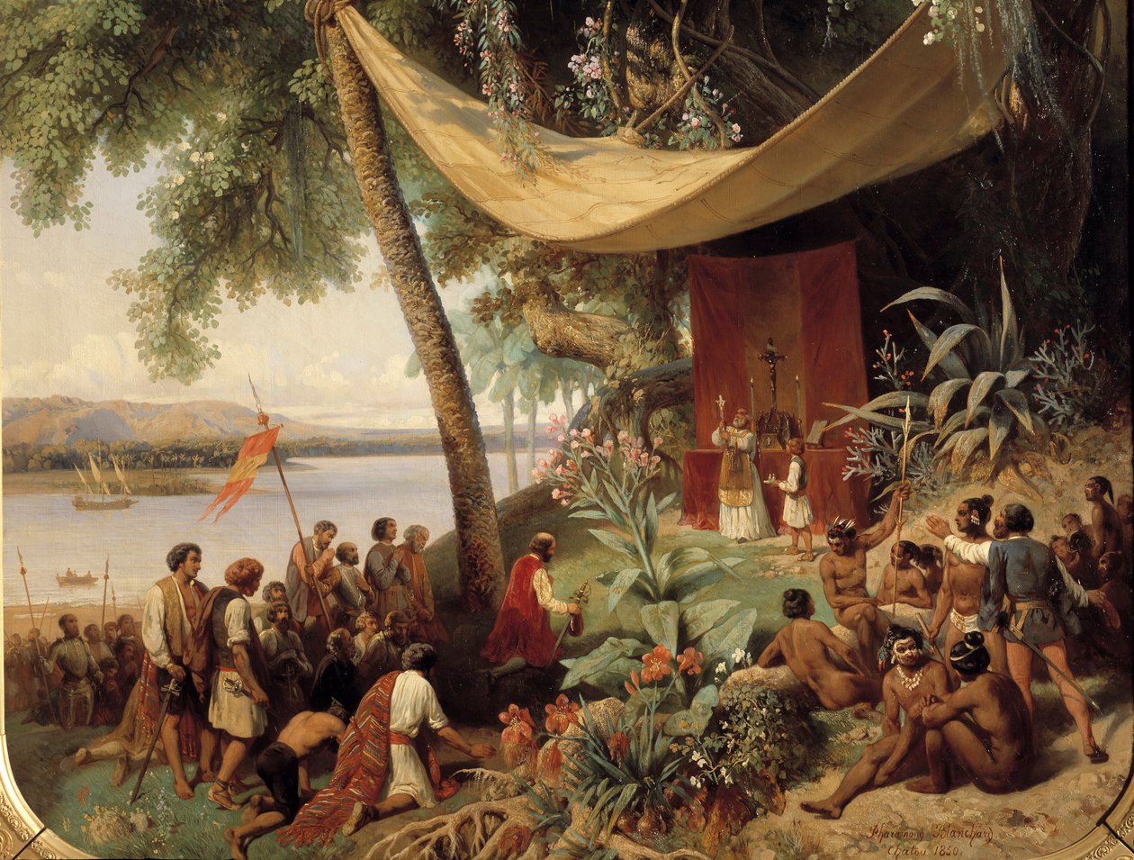 Az első mise Amerikában (XV. század) Mise Kubában 1494-ben 2. utazás Kolumbuszból Havannába). Részlet. Blanchard Pharamond (1805-1873) festménye alkotó: Pharamond Blanchard