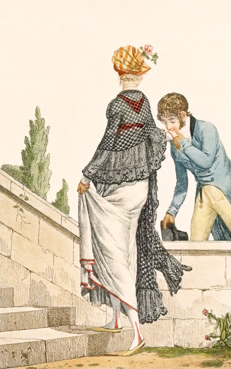 Elegáns hölgy sétálóruha kockás köpennyel, 1789, illusztráció a „Modes et Manieres du Jour a Paris” című filmből alkotó: Philibert Louis Debucourt