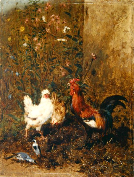 Csirkék és madarak (olaj a panelen) alkotó: Philibert Leon Couturier