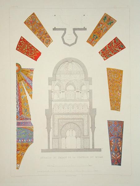 A Mirah-kápolna részletei és homlokzata, a "Souvenirs of Granada and of the Alhambra" című, Dumouza által metszett, 1836-37 körül kiadott kiadványból (színes litográfia). alkotó: Philibert Joseph (after) Girault de Prangey