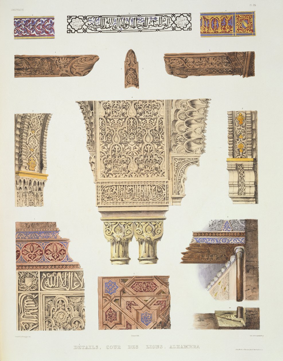 Részletek az alhambrai Oroszlánok udvarából, a „Souvenirs of Granada and of the Alhambra” című könyvből, Benard und Frey metszetében, 1836-37 körül megjelent. alkotó: Philibert Joseph Girault de Prangey