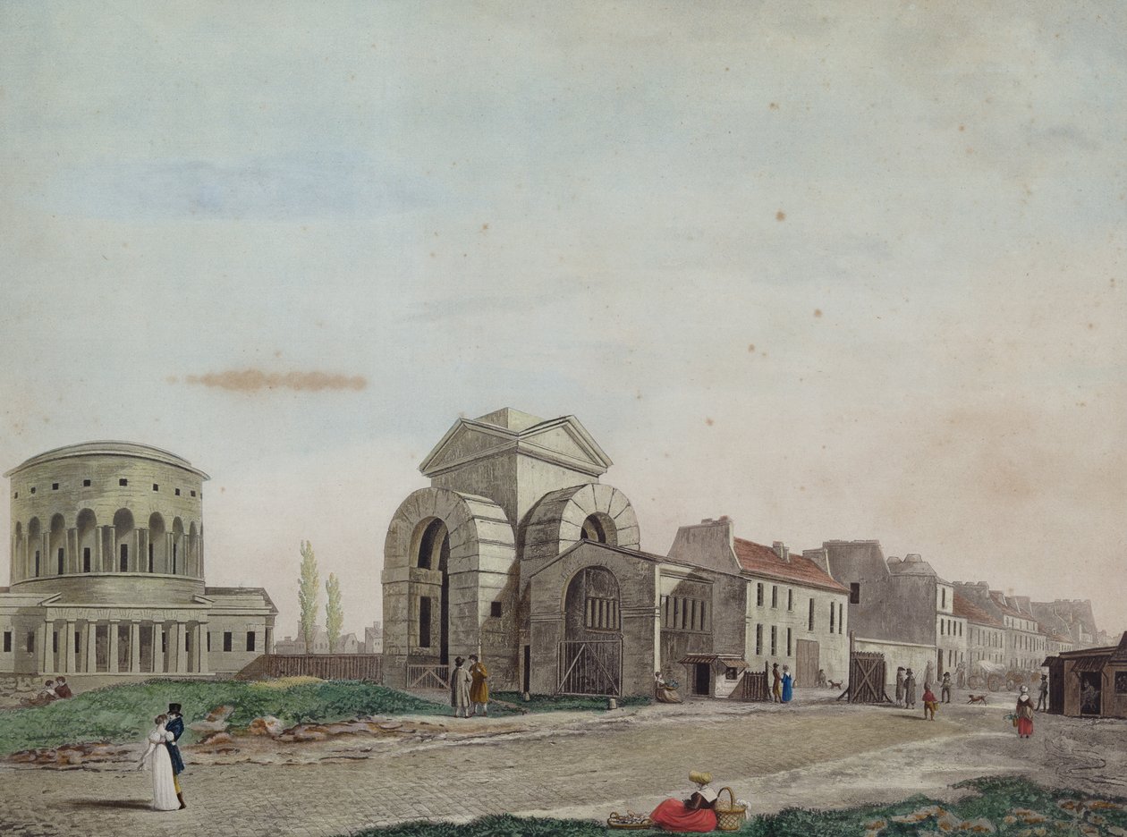 Barriere du Faubourg Saint-Martin, 1809 (ceruza és színes akvatinta) alkotó: Philibert Louis Debucourt