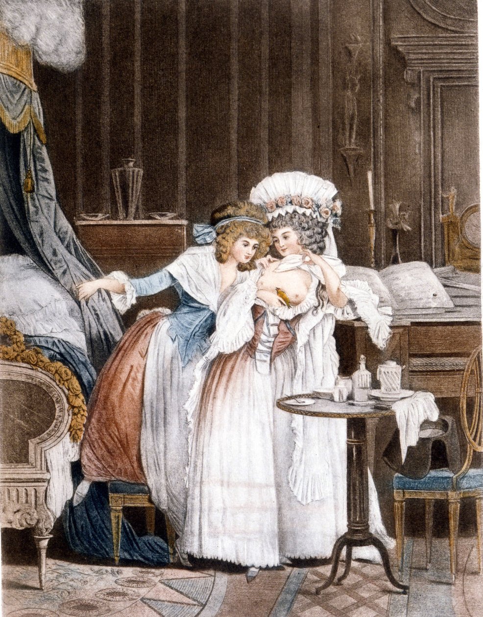 Debucourt. Az újjáéledt madár. Egy nő egy beteg kismadarat tesz a melle alá, hogy újraélesztje. Metszés. alkotó: Philibert Louis Debucourt