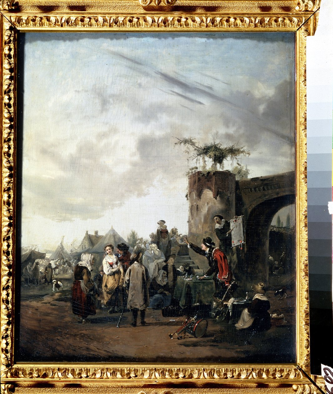 ""A sarlatán"" A falu főterére telepített szélhámos arra szólítja fel a lakosságot, hogy vásároljanak csodatablettákat. Philibert Louis Debucourt (1755-1832) festménye 1780 körül, Moszkvai Puskin Múzeum alkotó: Philibert Louis Debucourt
