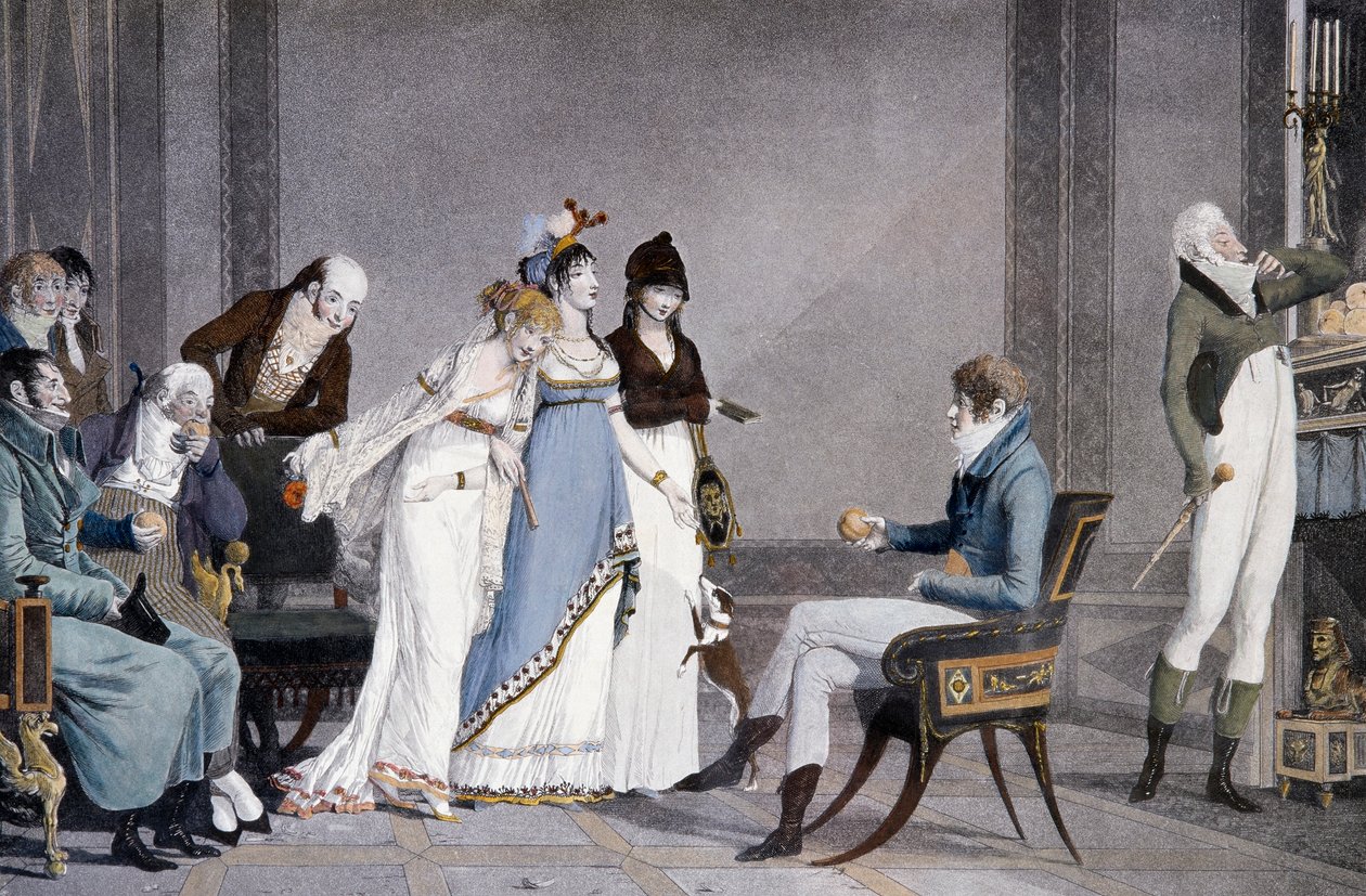 A narancs, Louis-Philibert Debucourt (1755-1832) akvatinta, jelenet etruszk ihletésű Directoire stílusú bútorokkal, Franciaország alkotó: Philibert Louis Debucourt
