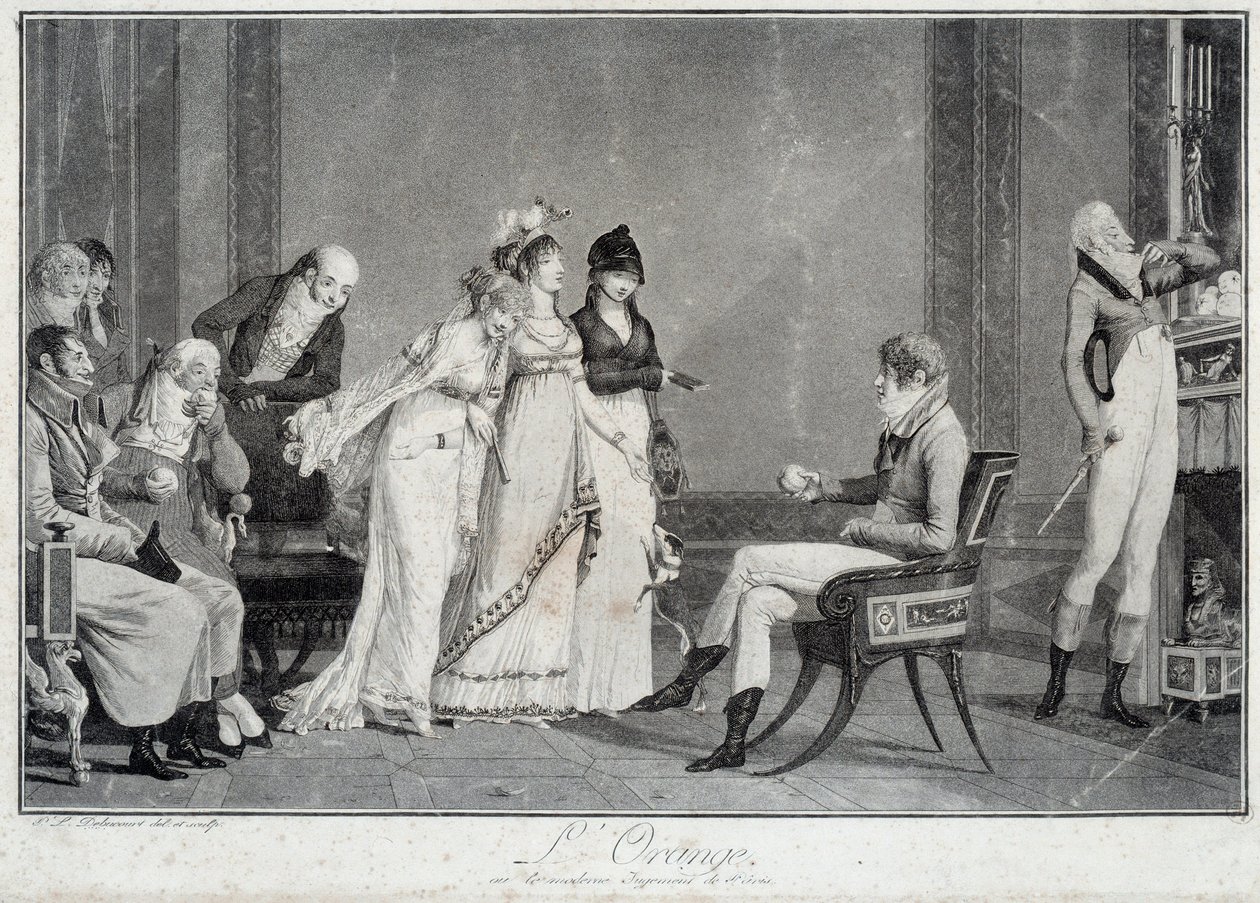 A narancssárga vagy Párizs modern ítélete Párizs ítéletének paródiája, amely egy fiatal férfit állít színpadra a Directoire (Hihetetlen) divatja szerint, hogy válasszon három csodálatos közül. Philibert Louis Debucourt (1755-1832) nyomatai 1800 Párizs körn alkotó: Philibert Louis Debucourt