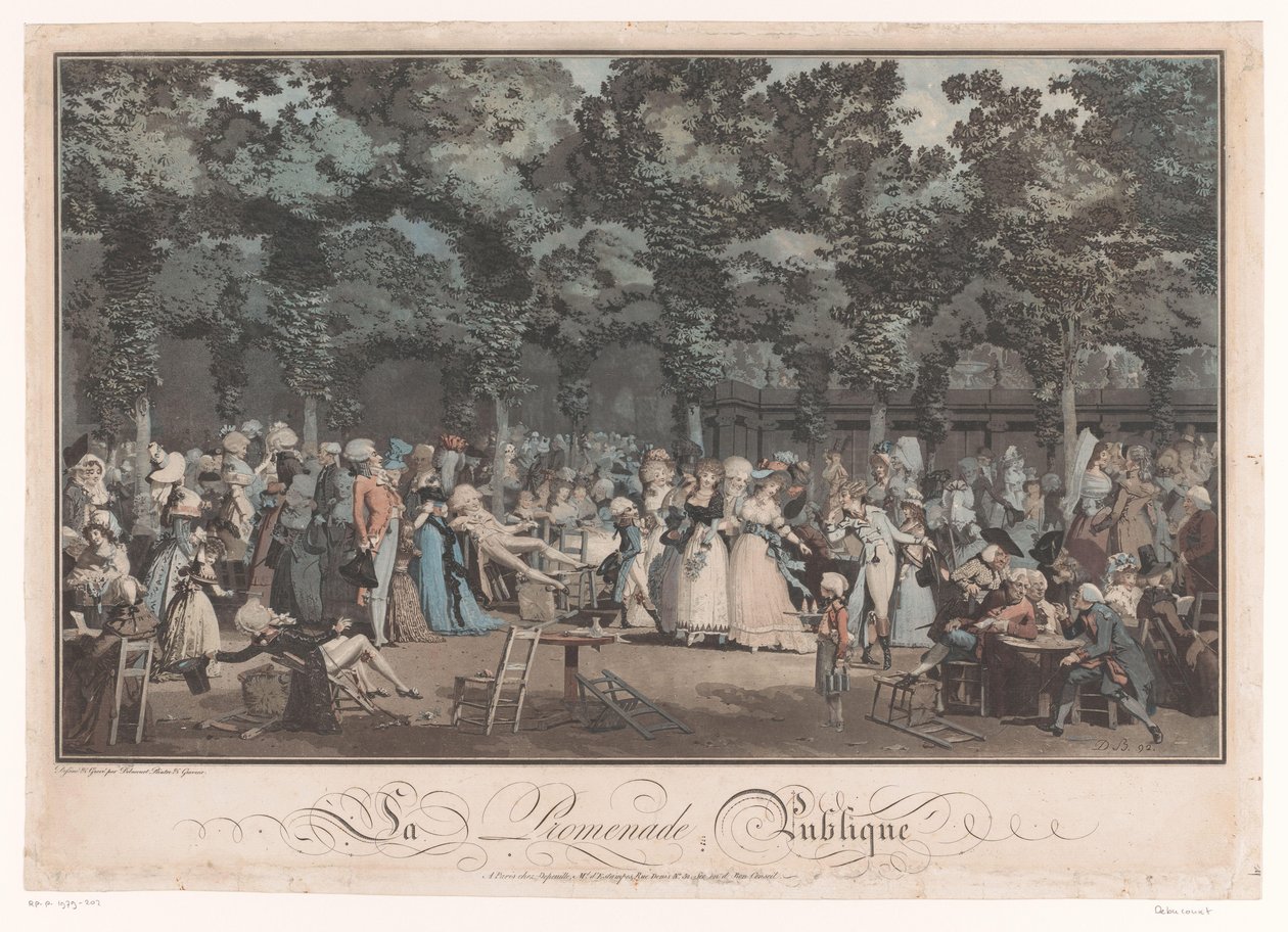 Látni és Látni Elegáns társaság a párizsi Jardin du Palais Royalban La Promenade Publique (cím a tárgyon) alkotó: Philibert Louis Debucourt