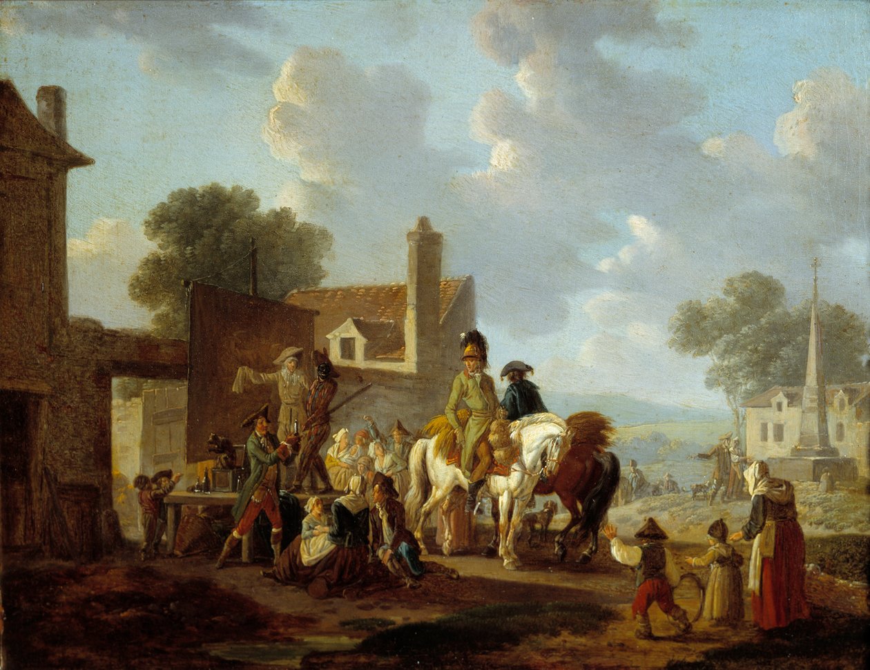 Falusiak és lovasok nézik a Pantomim Színház előadását egy falu utcáin. Louis Philibert Debucourt (1755-1832) festménye 18. század V. 0,24x0,31 m alkotó: Philibert Louis Debucourt