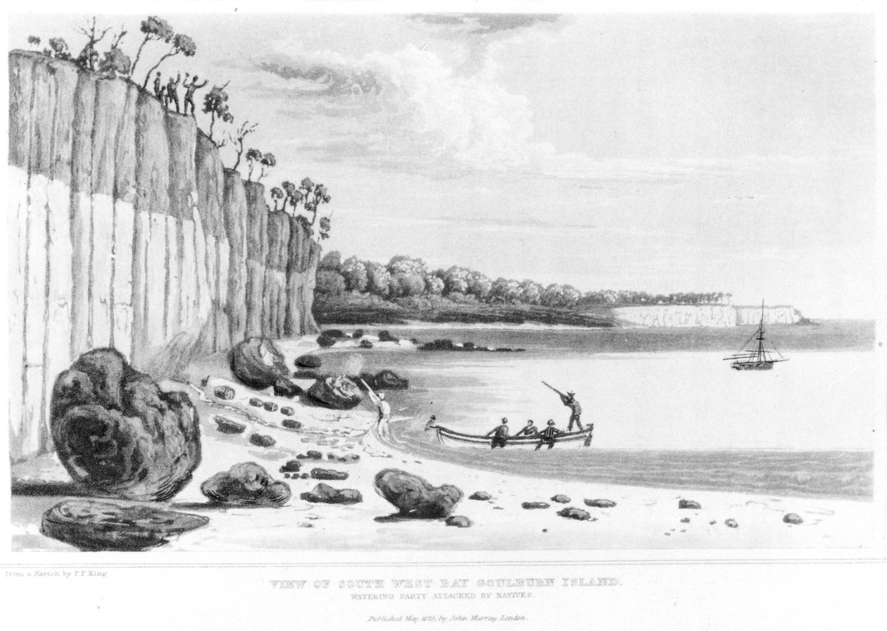 Watering Party Attacked by Natives in South-West Bay, Goulburn Island, „Narrative of a Survey of the Intertropical and Western Coasts of Australia”, P.P. Király, 1827 alkotó: Philip Parker King