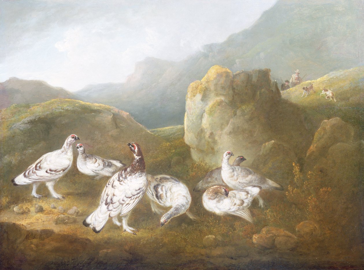 Ptarmigan hegyvidéki tájon, sportolókkal és kutyákkal túl alkotó: Philip Reinagle