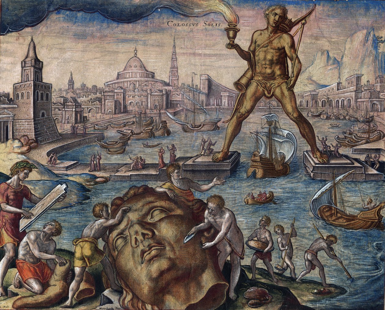 Sept merveilles du monde: "Le colosse de Rhodes" (Colosso di Rodi) - A rodoszi kolosszus (a "A világ nyolcadik csodája" sorozatból) Maarten van Heemskerck után - Galle, Philipp (1537-1612) ) - 1572 - Rézkarc, akvarell - Bibliotheque muni alkotó: Philip (after) Galle