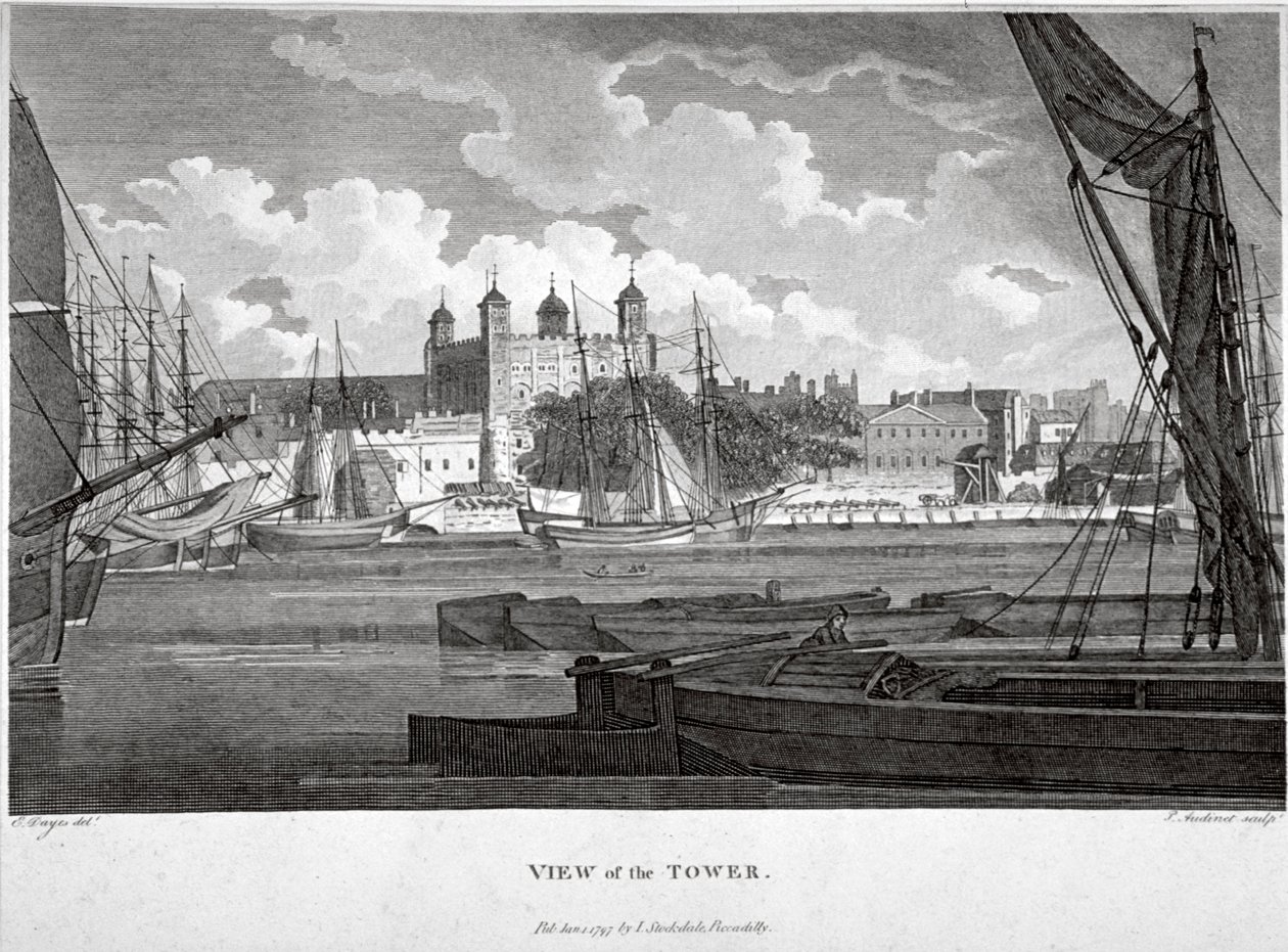Kilátás a Tower of Londonra hajókkal a Temzén, 1790 alkotó: Philip Audinet