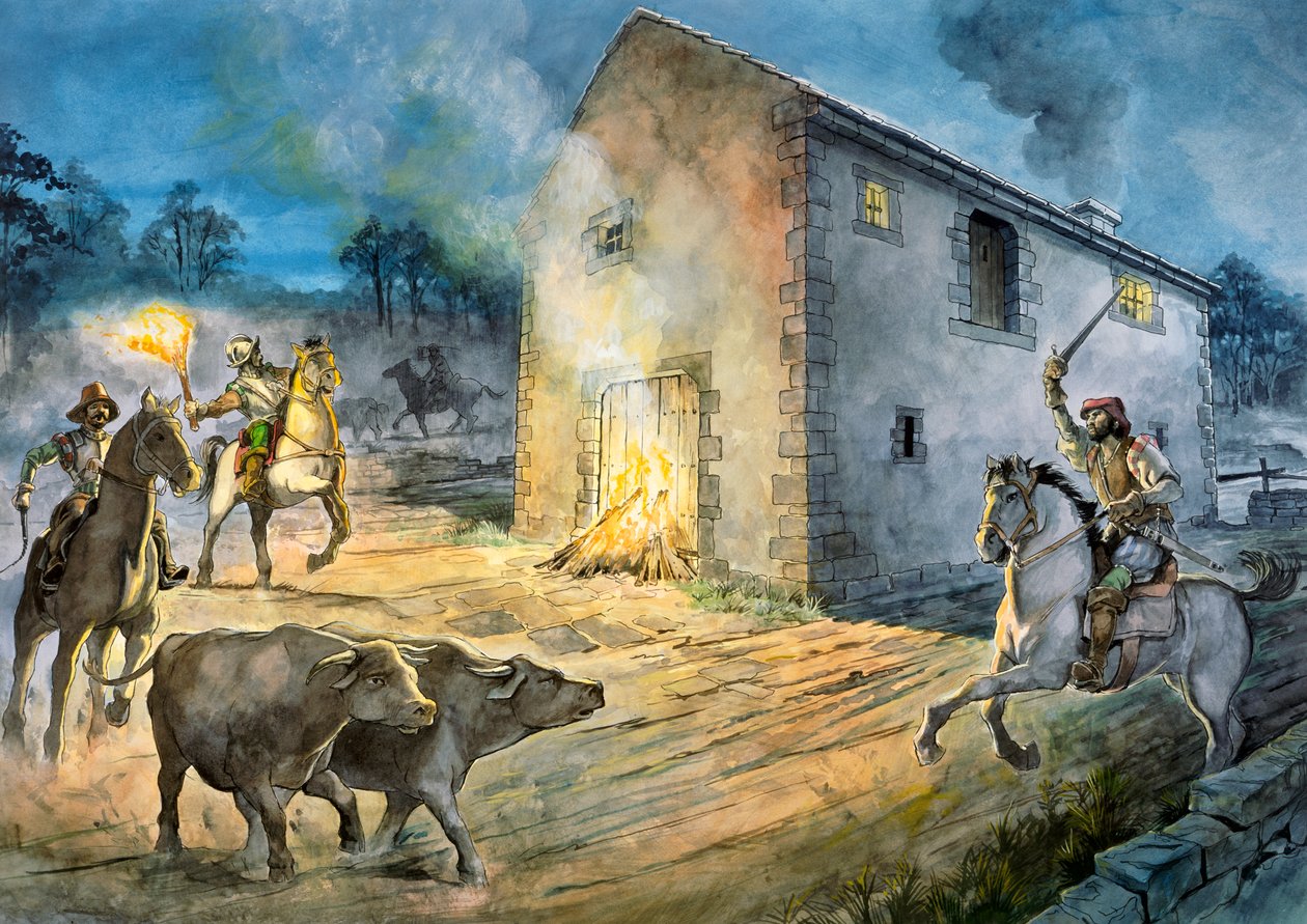 Reivers portyázik Birdoswaldban, 16. század, 1990-2010 alkotó: Philip Corke
