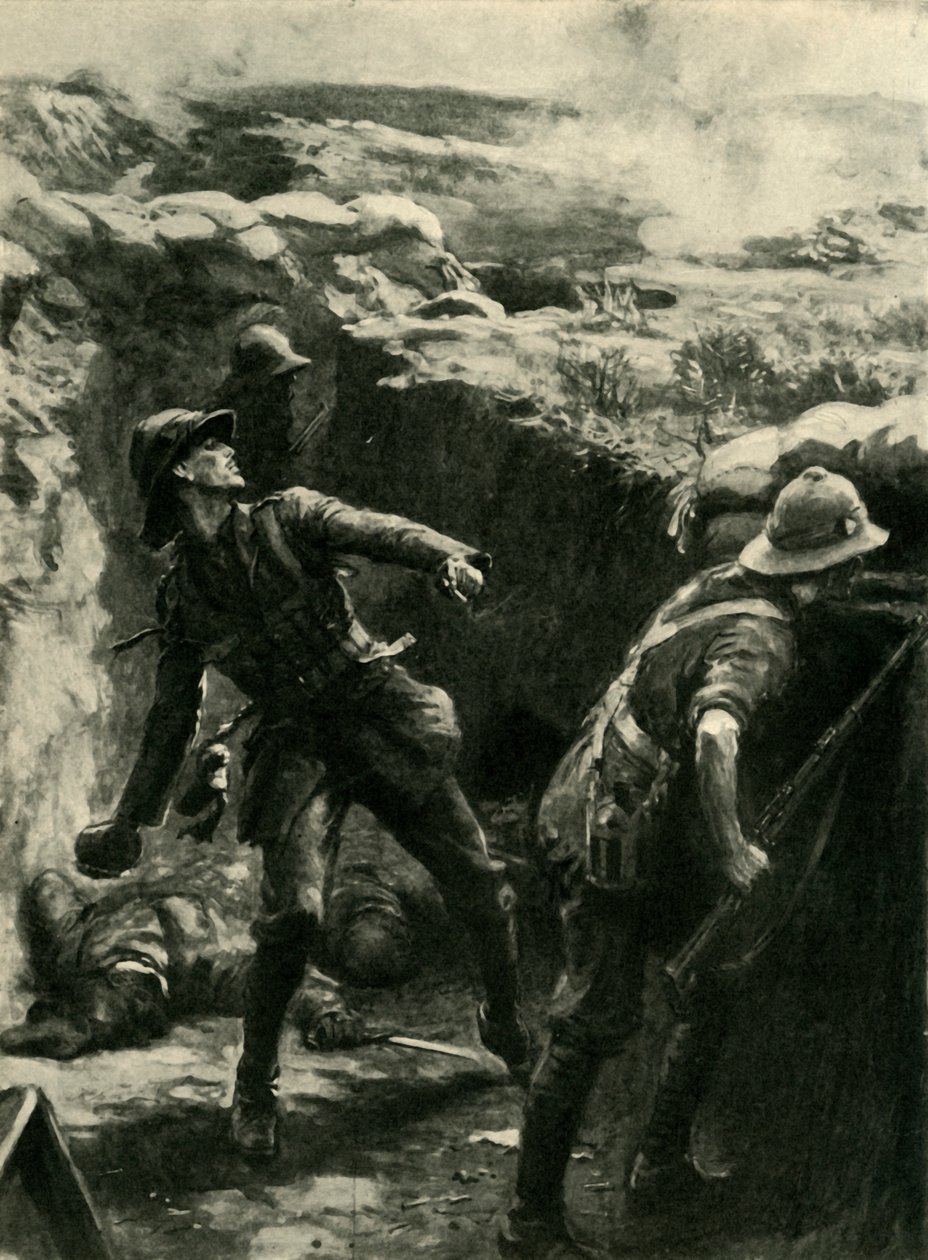Forshaw hadnagy folyamatosan bombákat dobál, Gallipoli, Első világháború, 1915, c1920. alkotó: Philip Dadd