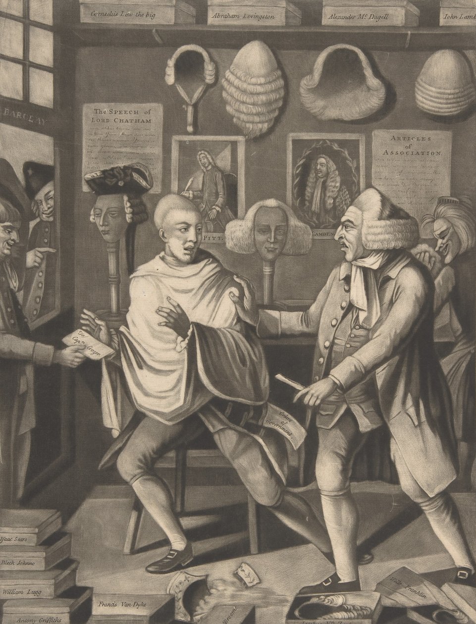 A Hazafias New York-i borbély, avagy a kapitány a sudokban, 1775. február 14. alkotó: Philip Dawe.