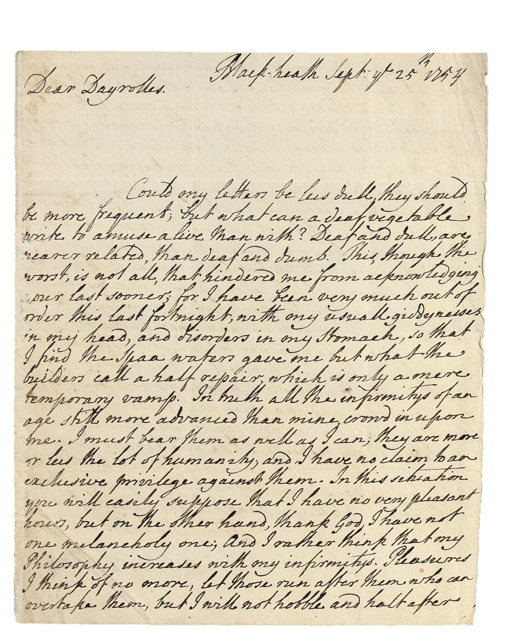 Autogramlevél Solomon Dayrolles-nak, Blackheath, 1754. szeptember 25. (toll és tinta papíron) alkotó: Philip Dormer Stanhope Chesterfield
