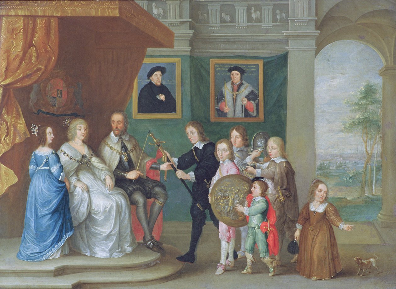 Thomas Howard, Arundel 14. grófja, akinek gyermekei fegyvert nyújtanak át a Skócia elleni hadsereg vezetésére való kinevezése alkalmából 1639-ben (olaj, réz). alkotó: Philip Fruytiers