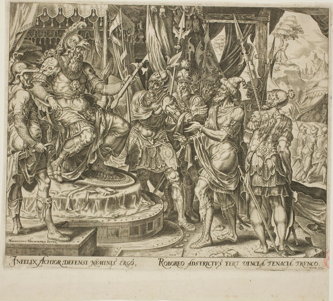 Achior könyörög Holofernészhez az izraelitákért, egy lemez a Judith és Holofernes történetéből alkotó: Philip Galle