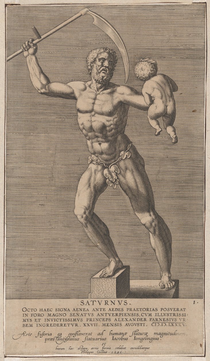 1. tábla: Szaturnusz, meztelen isten szobra talpon álló, jobbjában kaszát tartva..., 1586. alkotó: Philip Galle