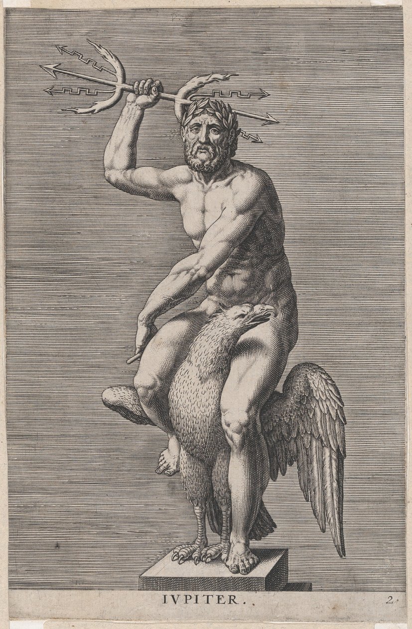 2. tábla: Jupiter, sason ülő meztelen isten szobra, kezében kettős háromágú, innen..., 1586. alkotó: Philip Galle