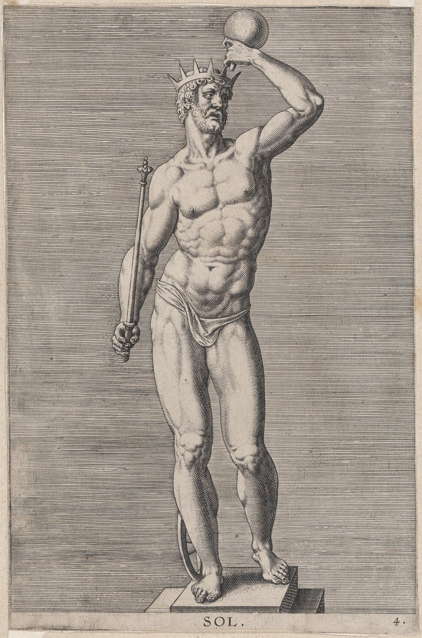 4. tábla: Apollón, meztelen isten szobra talpon álló, koronát viselő, kezében..., 1586. alkotó: Philip Galle