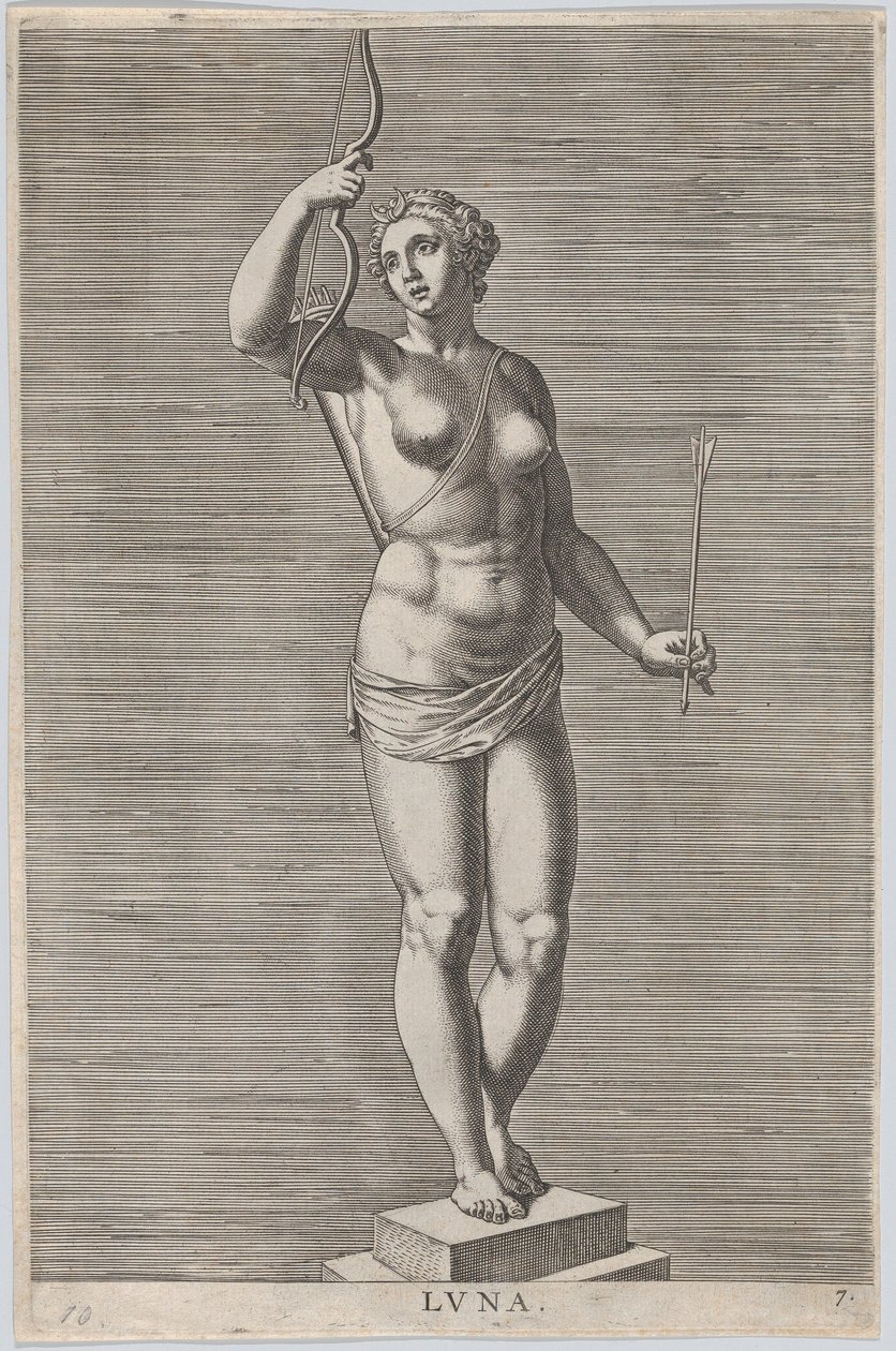 7. tábla: Diana, a meztelen istennő szobra egy talpon, félholdat visel..., 1586. alkotó: Philip Galle