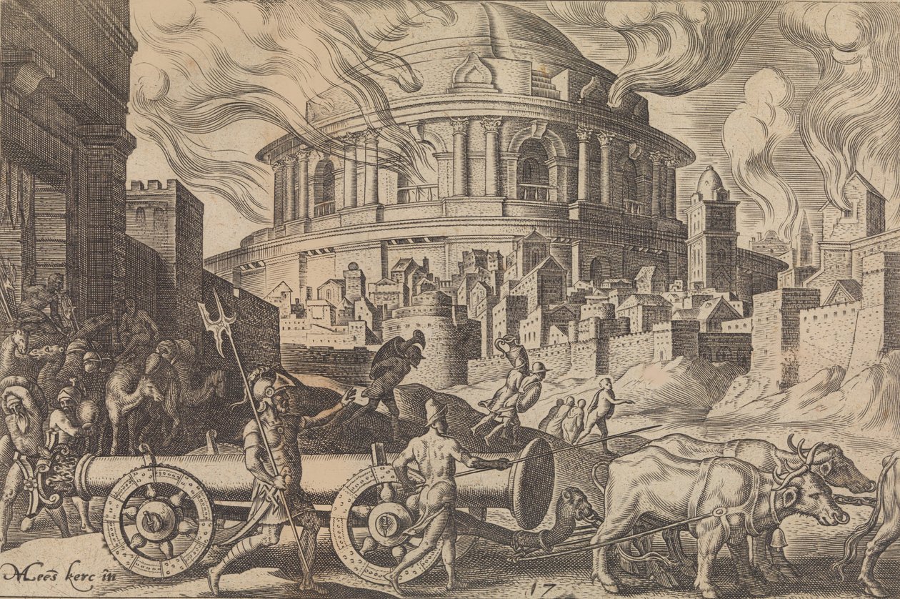 A káldeusok elhurcolják a jeruzsálemi templom oszlopait, a ... katasztrófákból, 1569. alkotó: Philip Galle