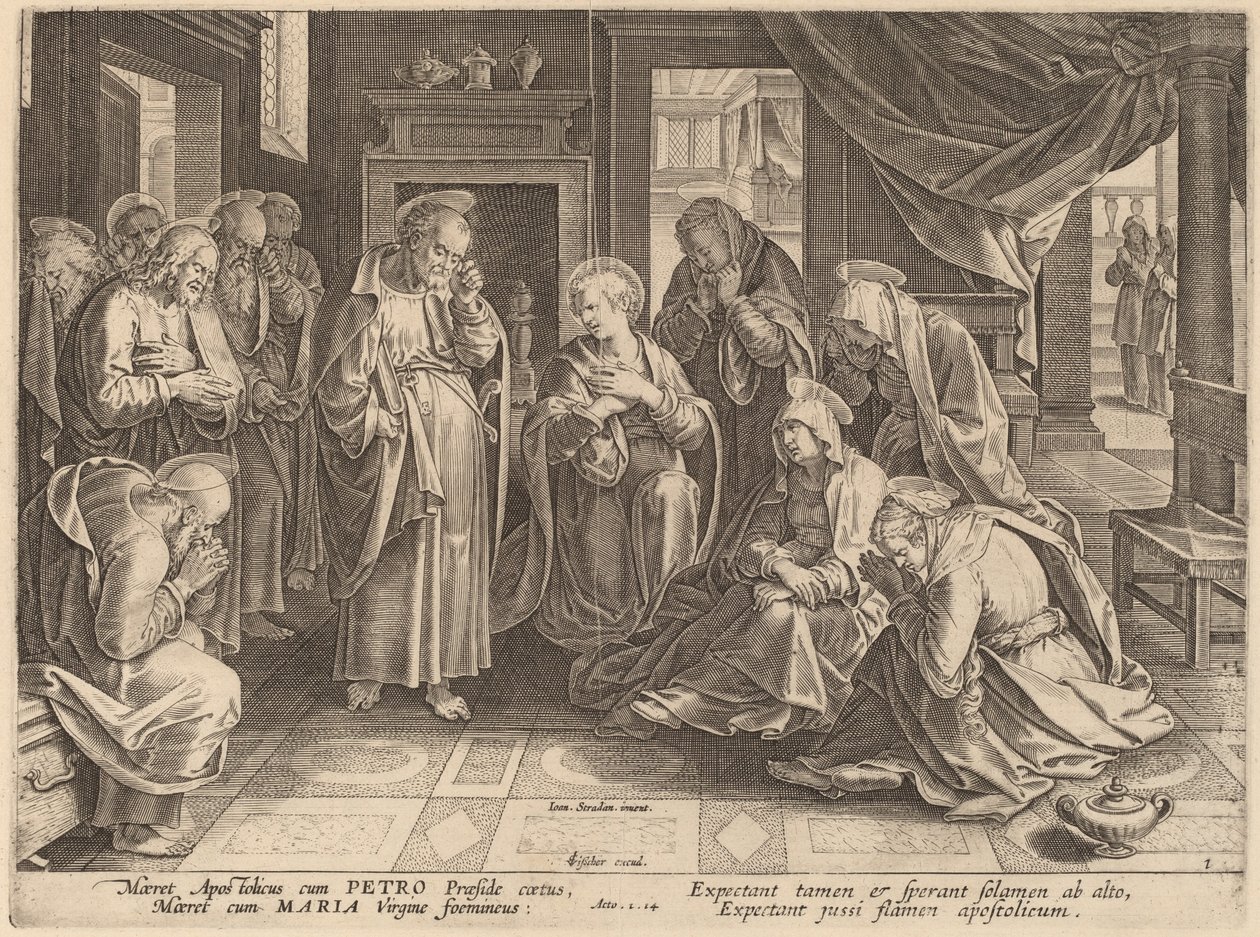 Az apostolok és a nők találkozója a felső teremben alkotó: Philip Galle after Jan van der Straet
