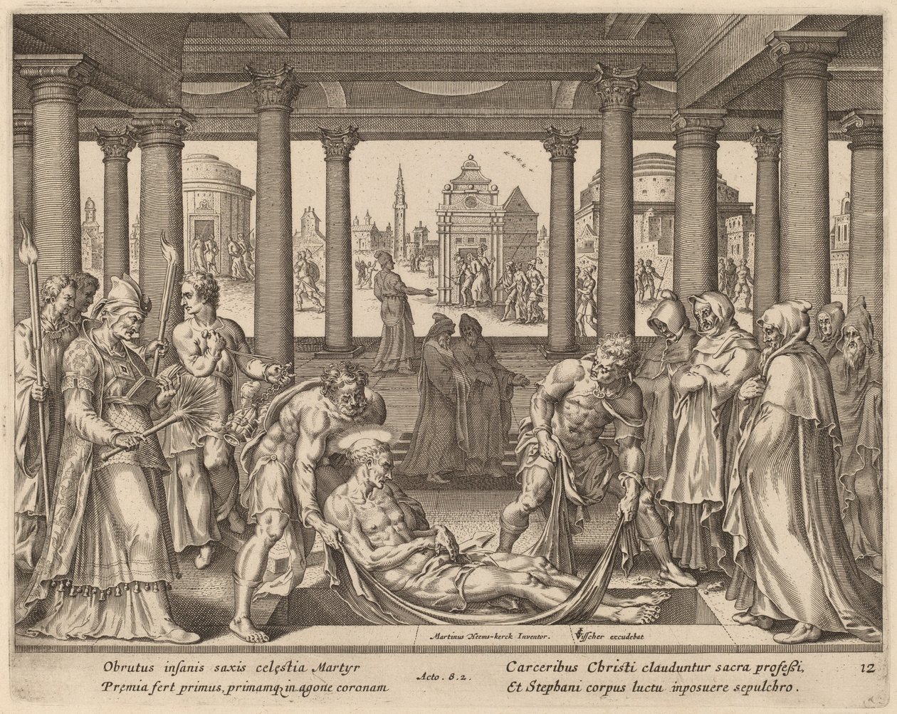 Jámbor emberek viszik Szent Istvánt a temetésére alkotó: Philip Galle after Maerten van Heemskerck