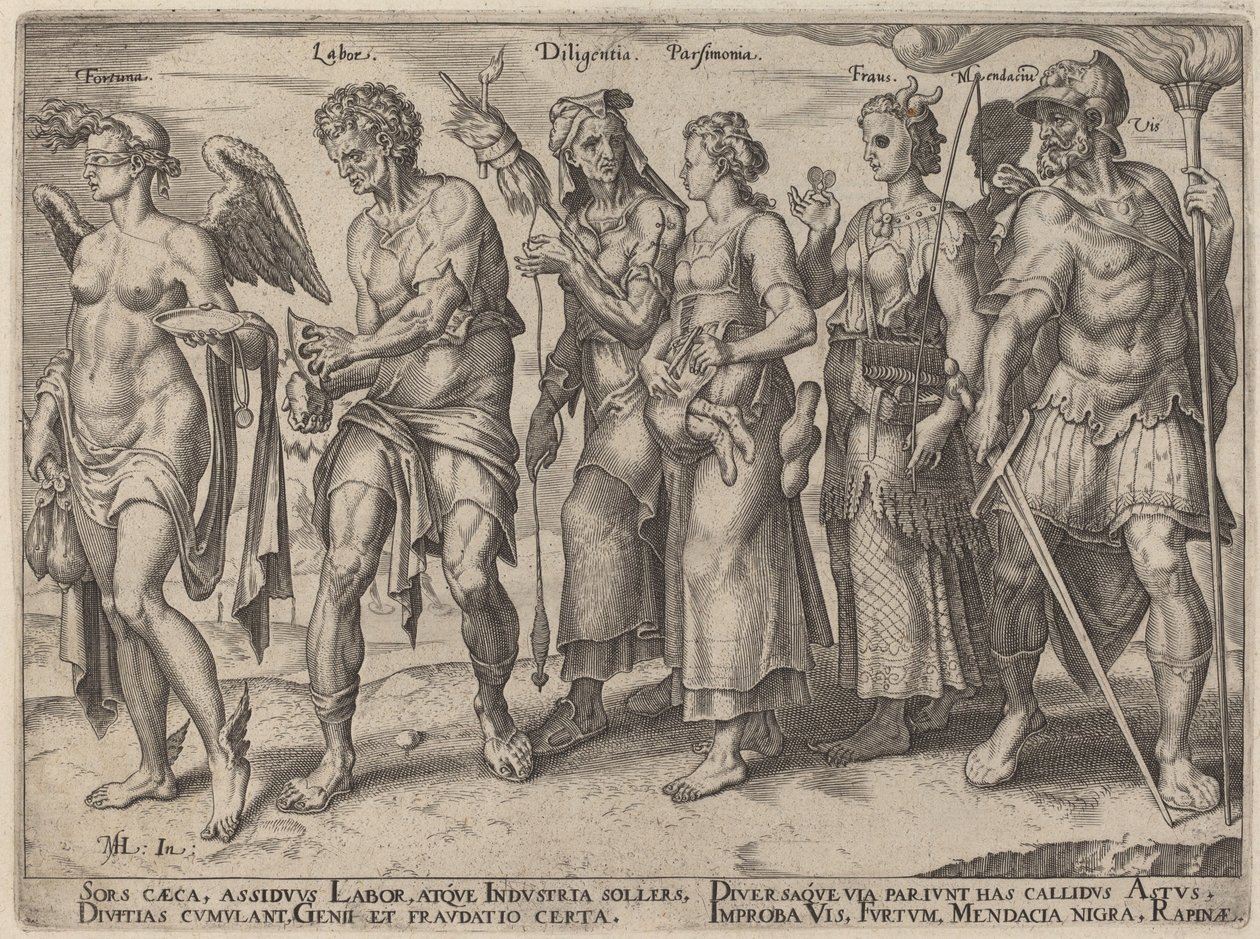 Szerencse, munka, szorgalom, takarékosság, csalás (a gazdaggá válás becsületes és tisztességtelen módjai) alkotó: Philip Galle, after Maerten van Heemskerck