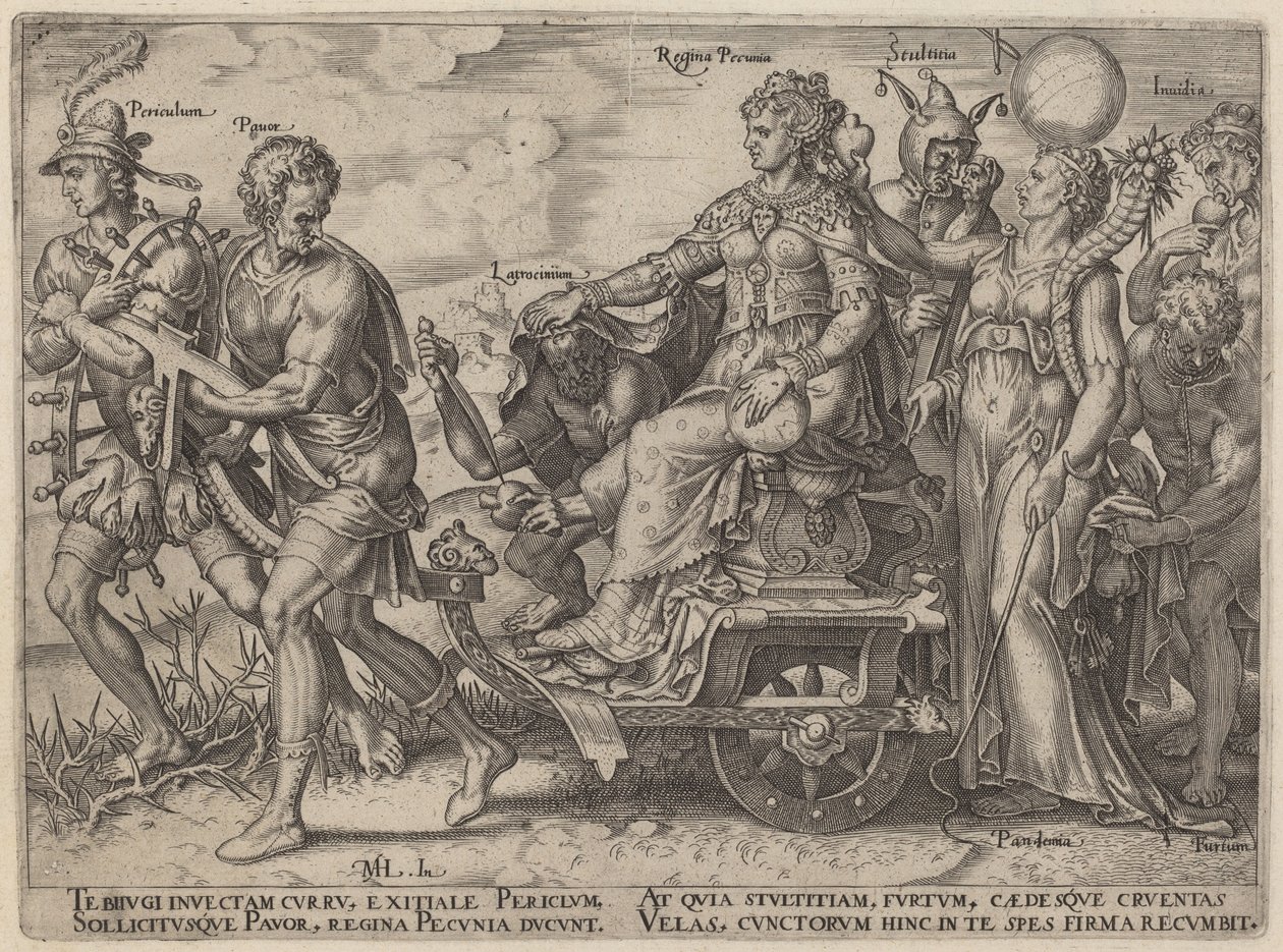 Veszély, szegény, rablás, pénz királynője, ostobaság, irigység (a gazdagságot kísérő veszélyek és gonoszságok) alkotó: Philip Galle, after Maerten van Heemskerck
